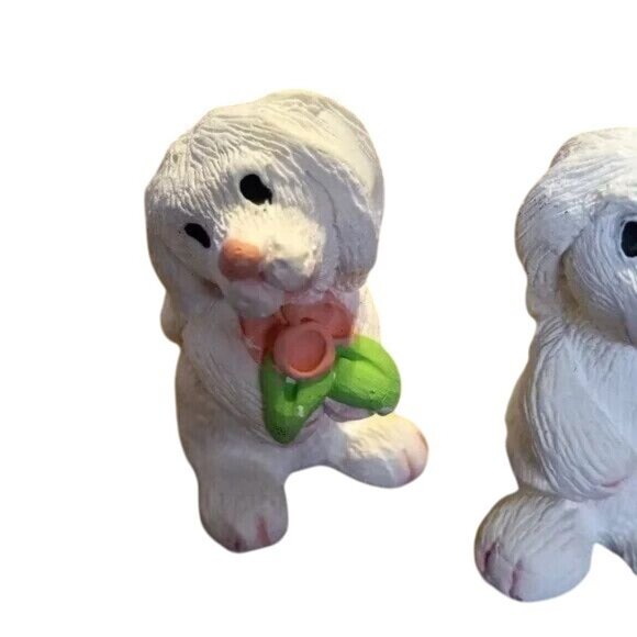 Easter Rabbit Set Of 4 White Resin Bunny Figurines Pink Green Accents Miniature - Picture 6 of 11
